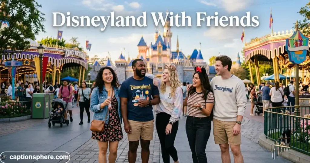 Group of friends posing together along a Disneyland walkway