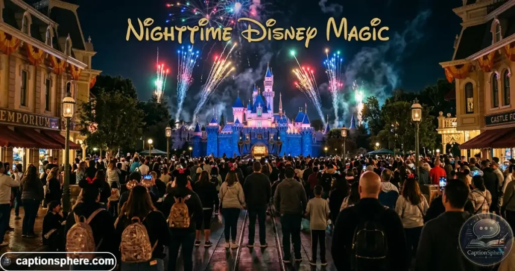 Visitors watching colorful fireworks above Sleeping Beauty Castle at night