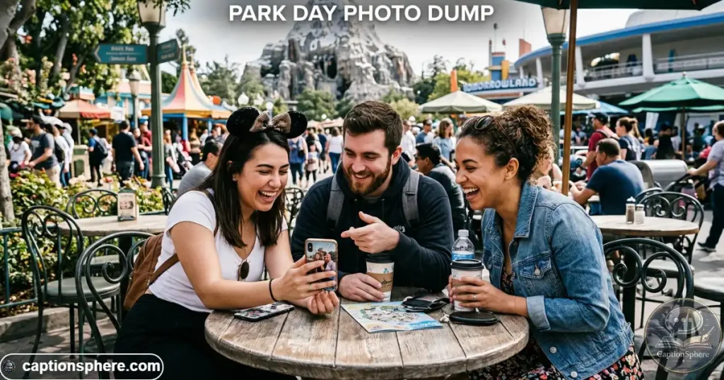 Friends reviewing Disneyland photos together near a colorful outdoor seating area
