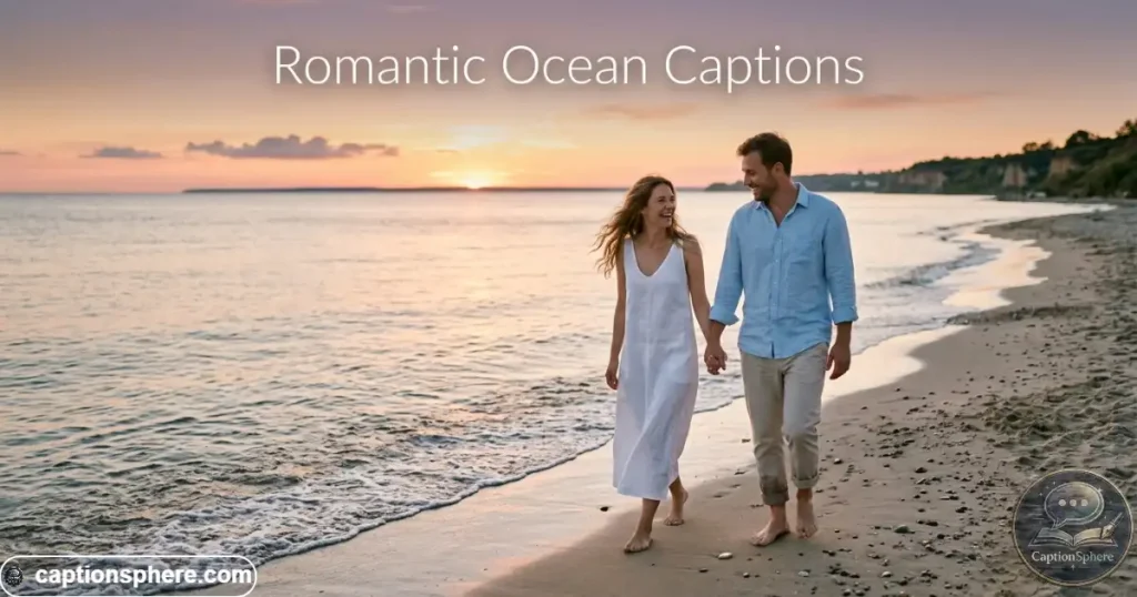 Couple walking hand in hand beside calm ocean waves at sunset