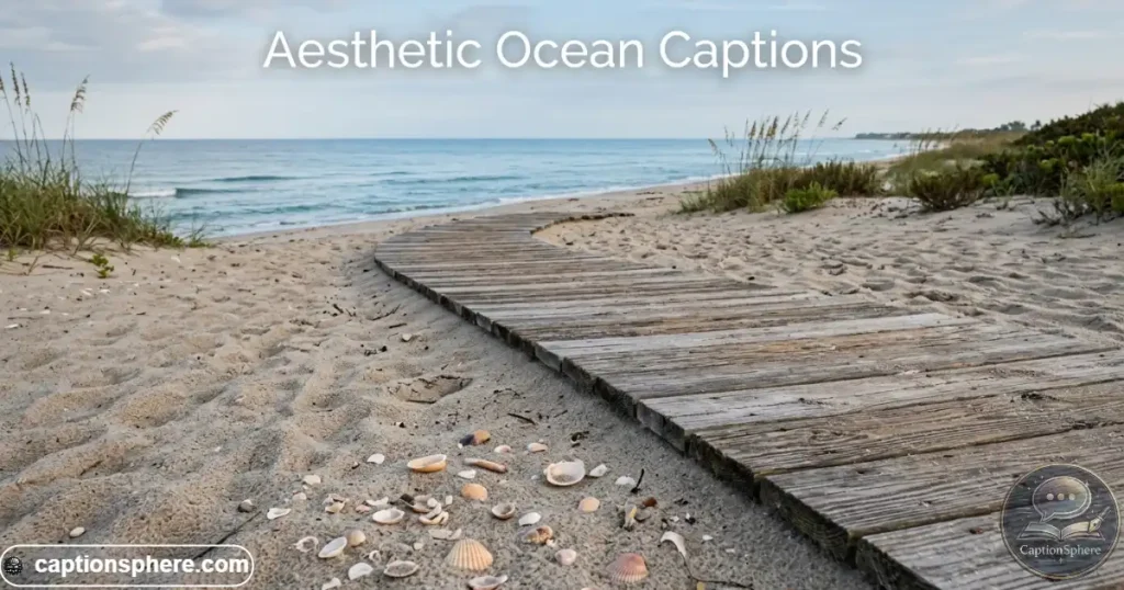Coastal walkway with shells, textured sand, and soft blue water