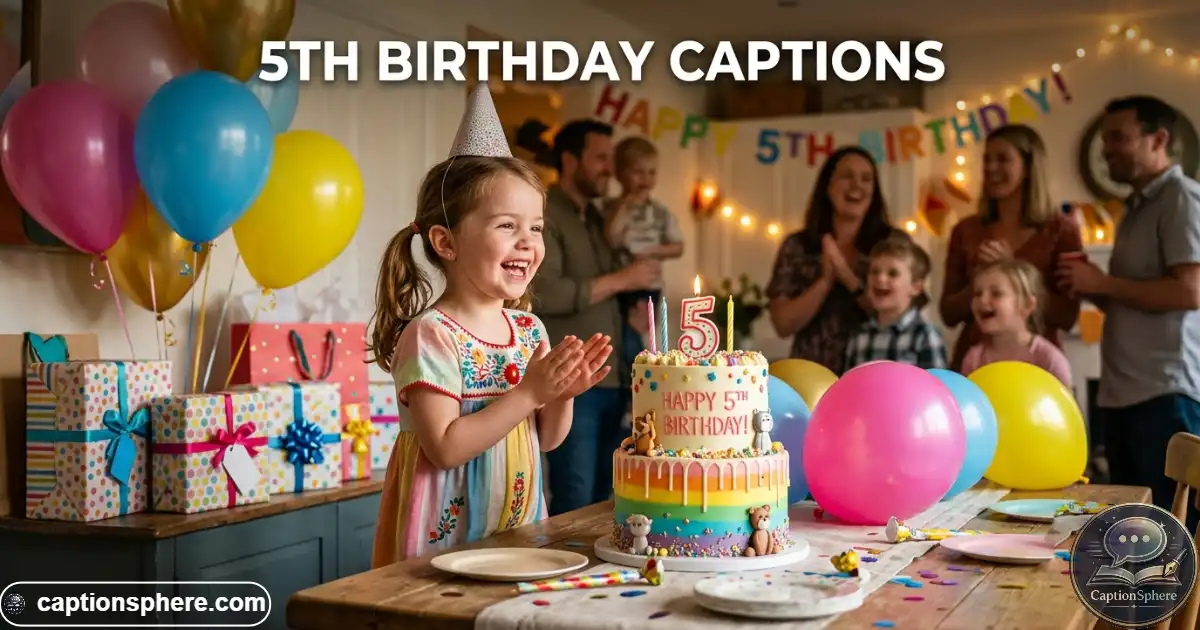 Five-year-old child smiling beside a colorful birthday cake and balloons