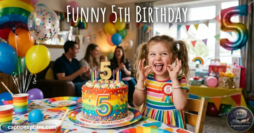 Five-year-old child making a silly face beside a colorful birthday cake