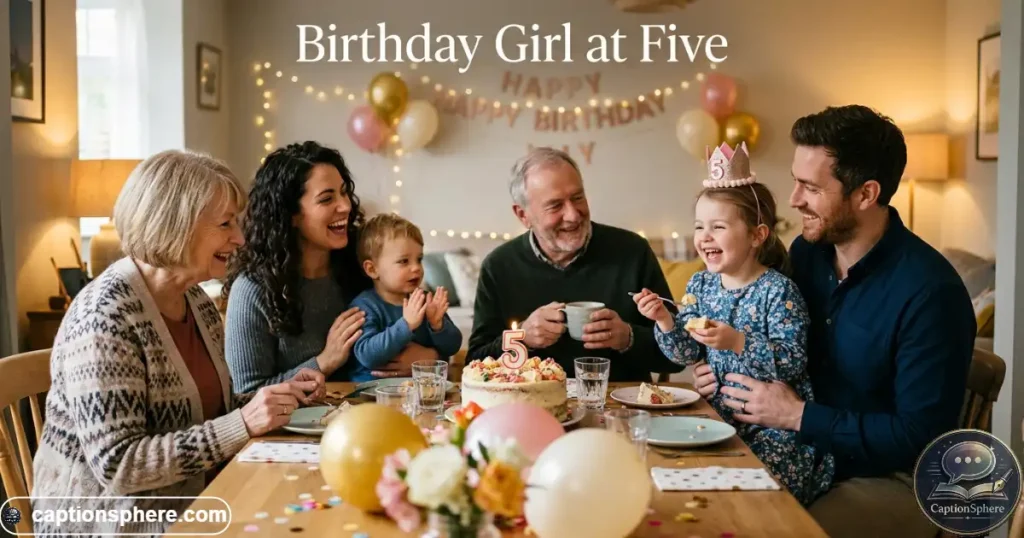 Five-year-old girl smiling beside family members during her birthday celebration