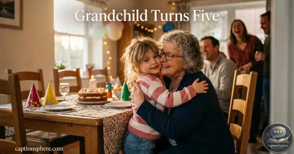 Five-year-old child hugging a grandparent beside birthday decorations