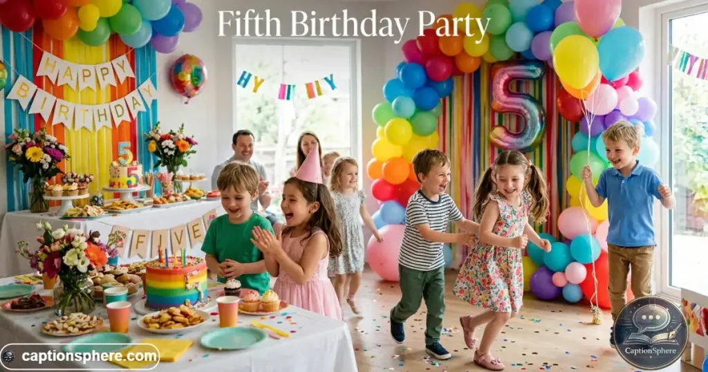Children playing near balloons and decorations at a fifth birthday party