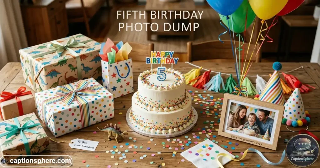 Birthday cake, gifts, balloons, and family moments arranged in one scene