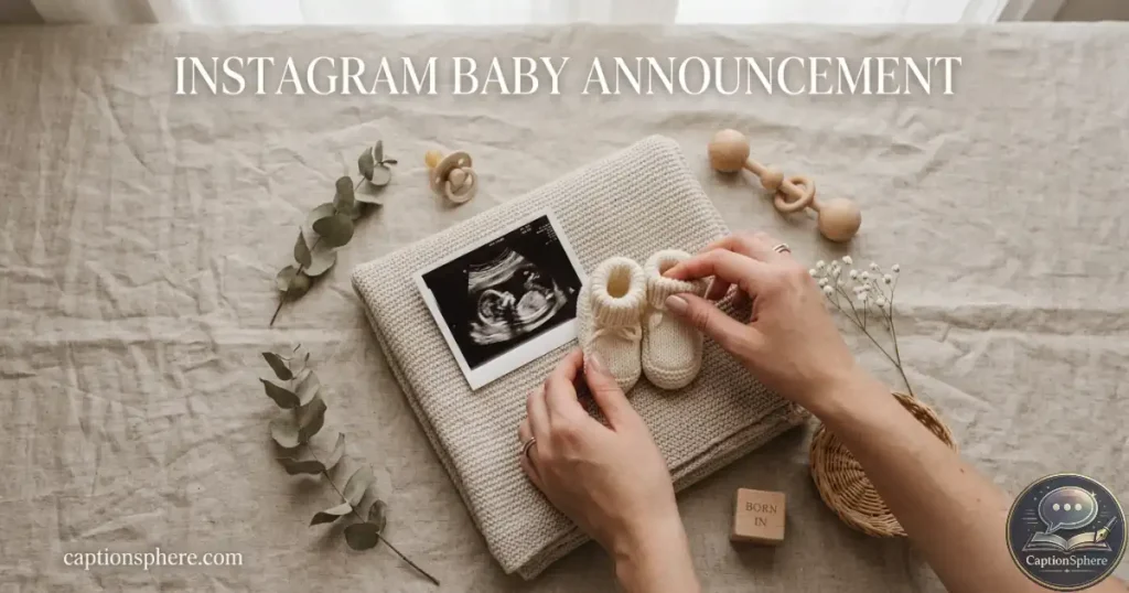 Hands arranging baby shoes and ultrasound photo for a social media reveal