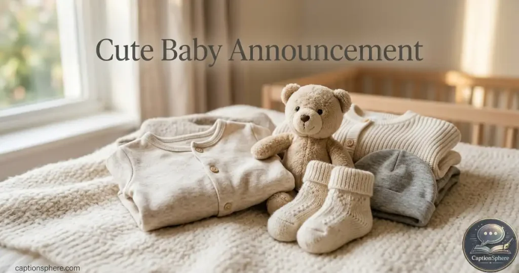 Tiny stuffed bear and baby socks arranged on a soft nursery blanket