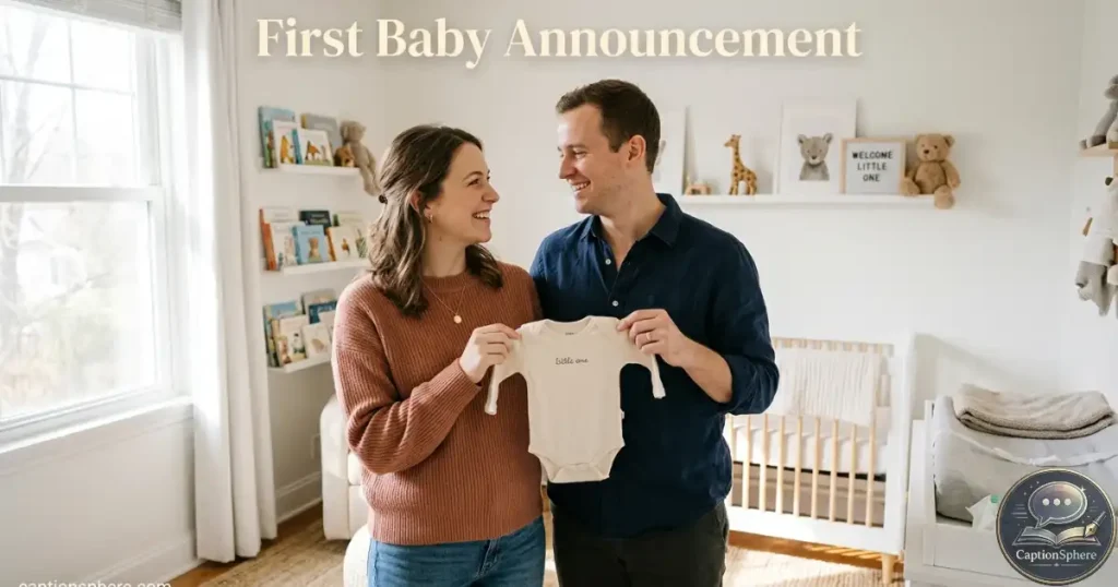Expectant couple holding a tiny onesie during their first pregnancy announcement