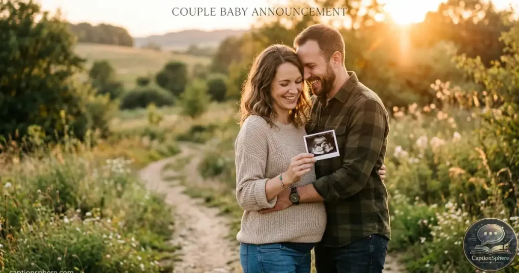 Expectant couple embracing outdoors while holding a small ultrasound photo