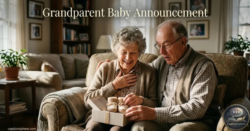 Older couple smiling while opening a small gift containing baby shoes