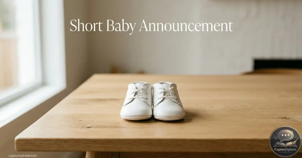 Tiny white baby shoes centered on a clean wooden surface