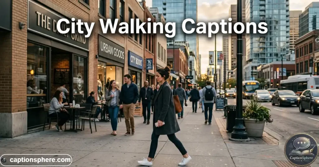 Person walking past storefronts and city buildings on a busy sidewalk
