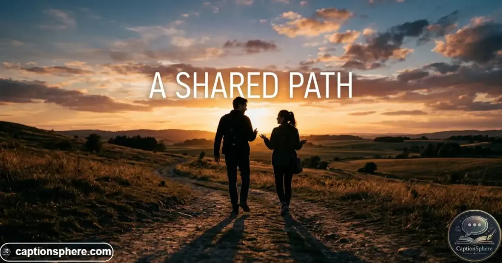 Two people walking together beneath a colorful evening sunset sky