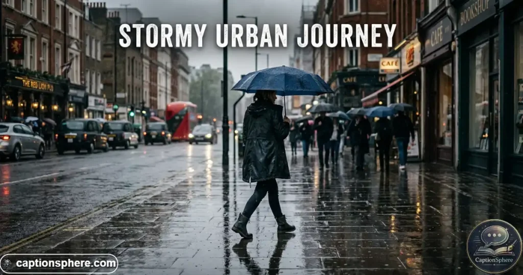 Person walking beneath an umbrella on a wet reflective city sidewalk