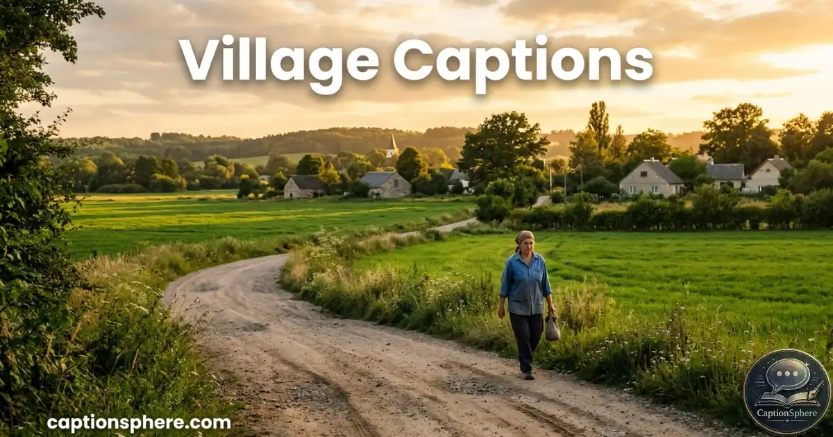 Person walking along a village road beside green fields at sunset