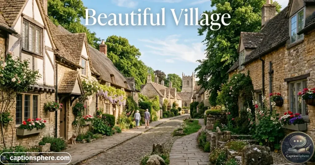 Beautiful village street with trees, homes, and soft afternoon sunlight