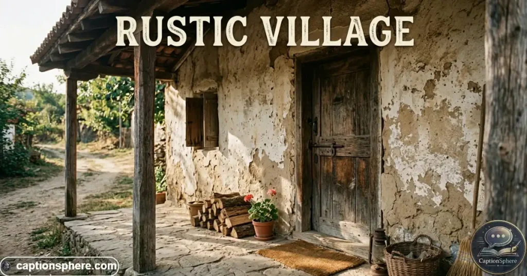 Weathered village house with wooden door, textured walls, and shaded porch