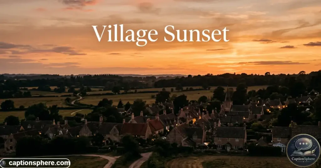 Village rooftops and fields silhouetted beneath a warm orange sunset sky