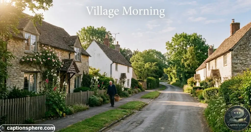 Village homes and trees illuminated by soft early morning sunlight