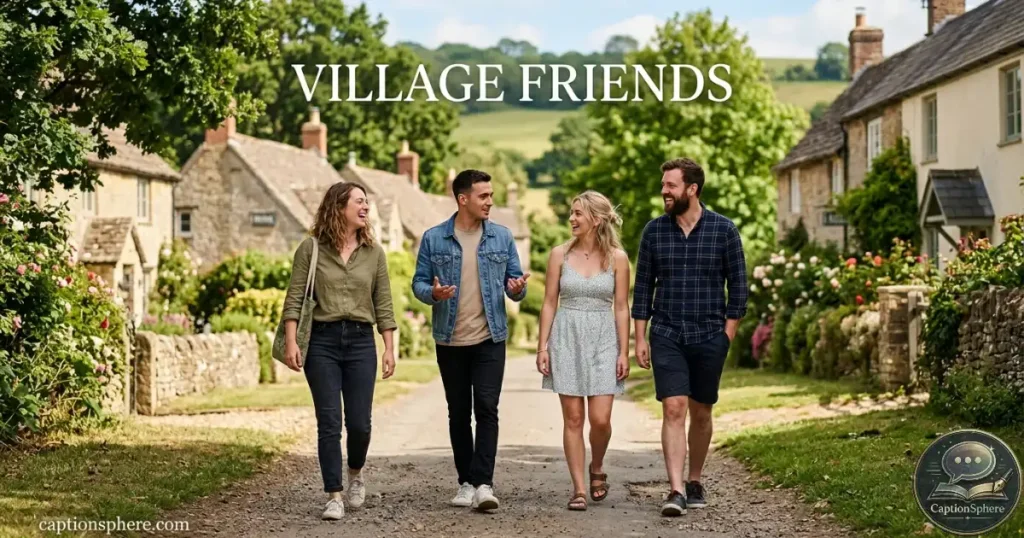Group of friends walking together along a sunny village lane