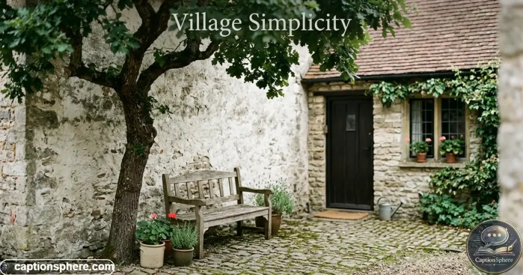 Simple village courtyard with trees, a bench, and soft natural light