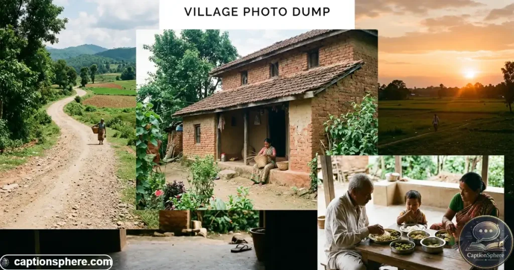 Collection-like village scene with road, field, home, and sunset details