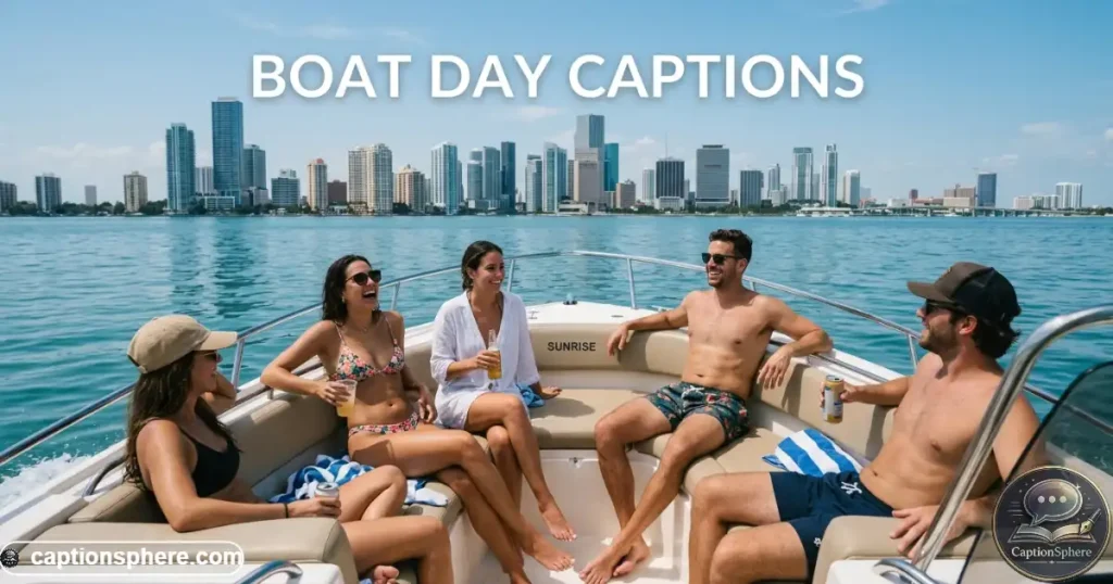Friends relaxing on a boat with Miami skyline visible across Biscayne Bay