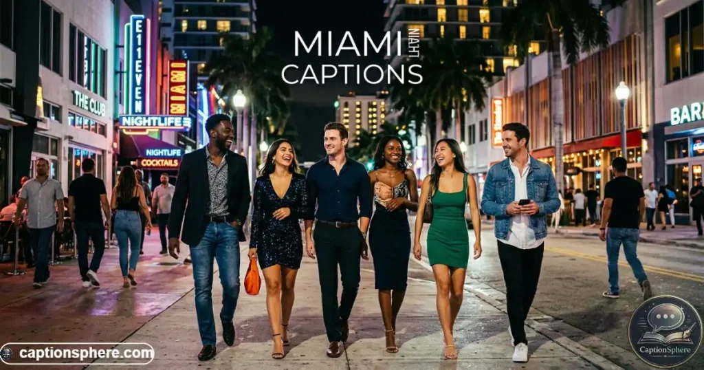 Friends dressed for evening walking beneath bright Miami city lights