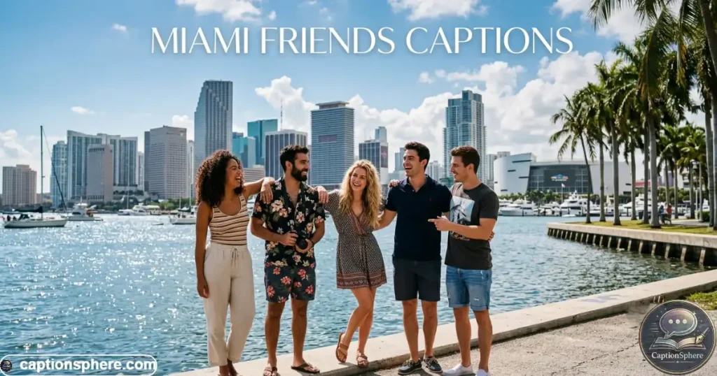 Group of friends posing together near a sunny Miami waterfront