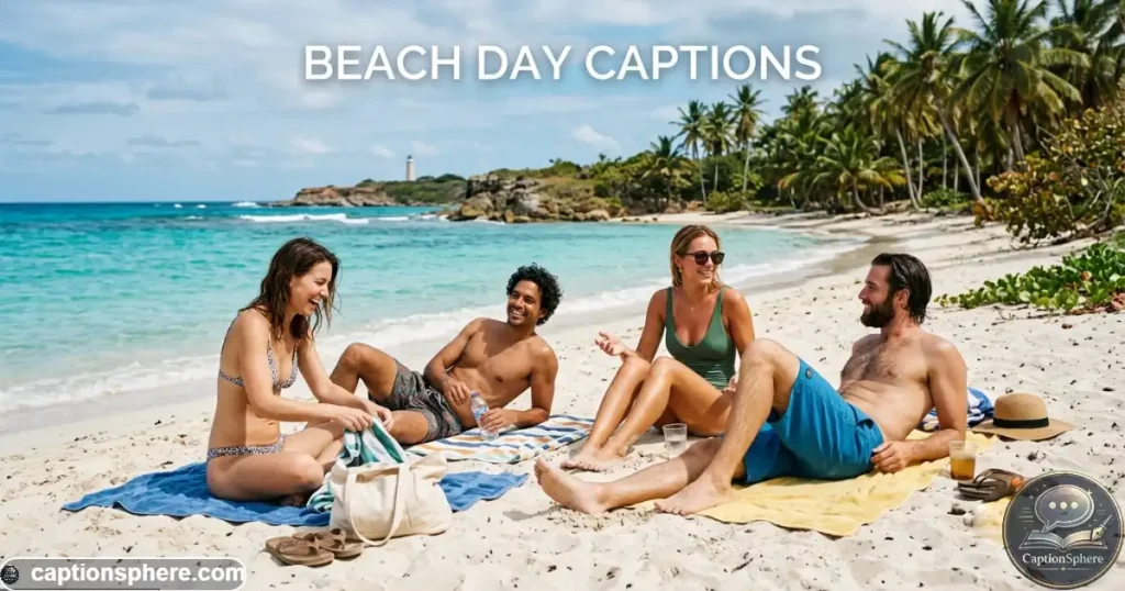Friends relaxing on a sandy beach beside clear Caribbean water and palm trees