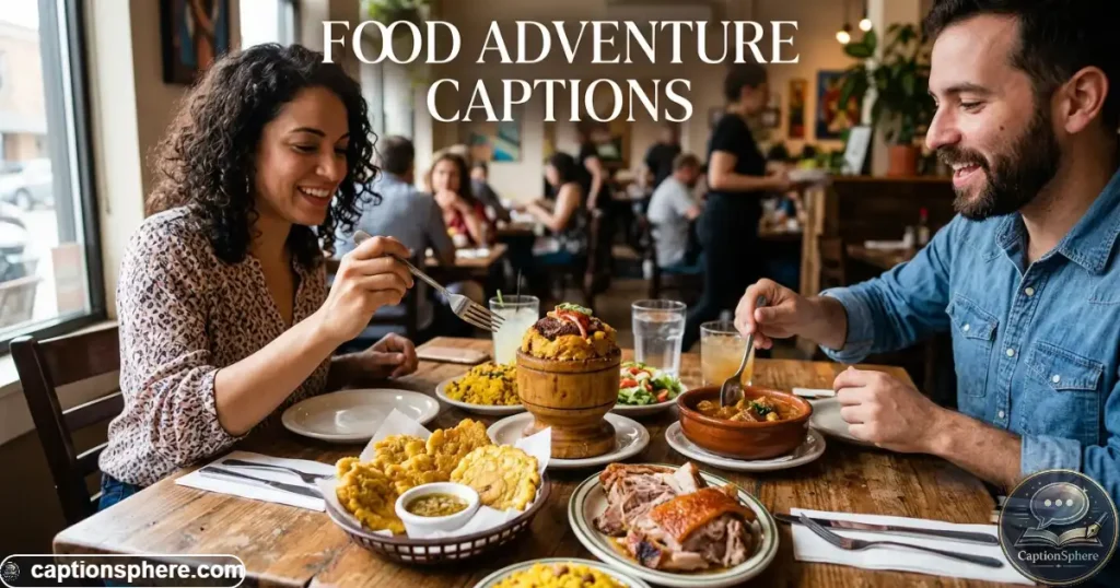 Table filled with Puerto Rican dishes beside diners enjoying a colorful local meal