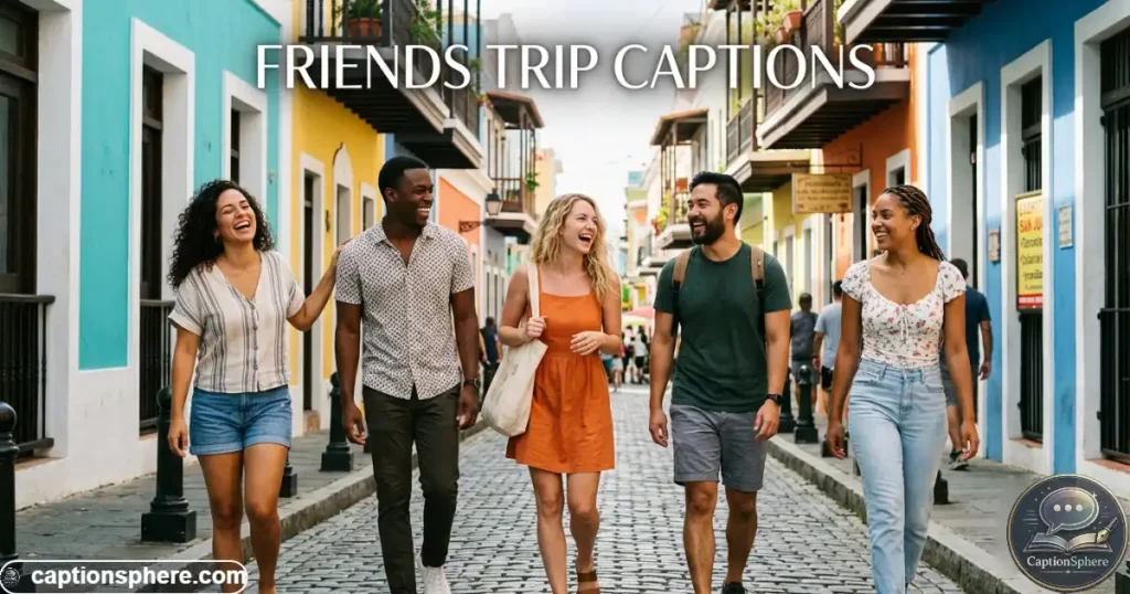 Group of friends laughing together on a colorful San Juan street