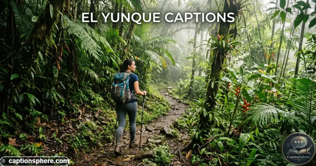 Hiker walking through lush El Yunque rainforest with dense green vegetation