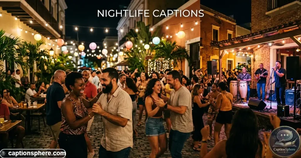 Friends dancing together outdoors at night beneath colorful lights in Puerto Rico