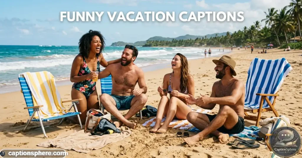 Friends laughing beside beach chairs after a playful Puerto Rico vacation day