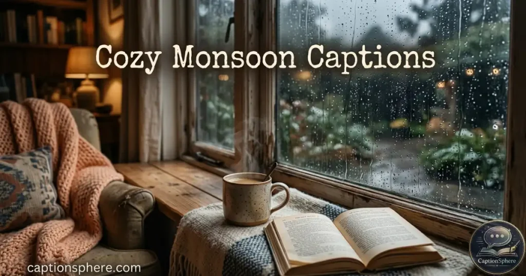 Warm coffee mug and open book beside a rain-covered window