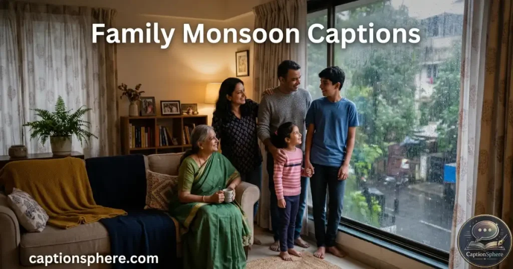 Family gathered indoors near a window while rain falls outside