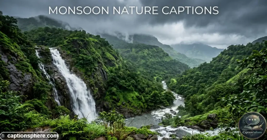 Waterfall flowing through lush green hills beneath misty rain clouds
