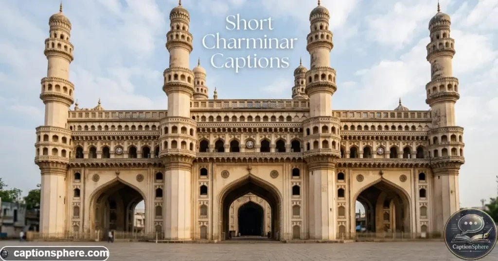 Close architectural view of Charminar arches and four minarets in daylight
