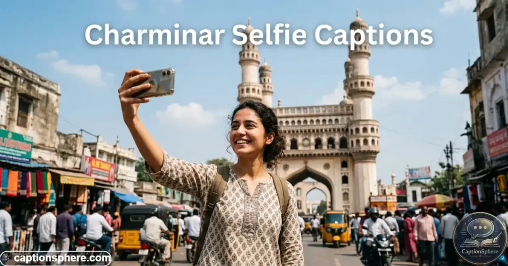 Traveler taking a selfie with Charminar and its minarets behind them