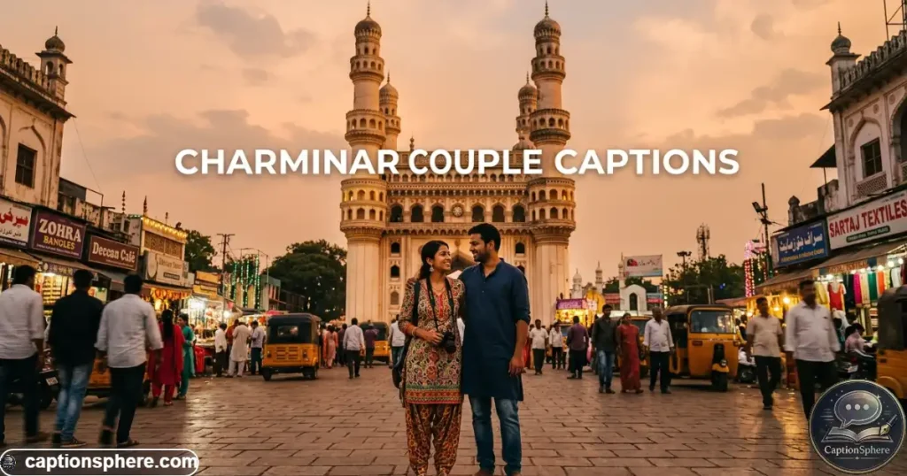 Couple standing together with Charminar arches and minarets behind them