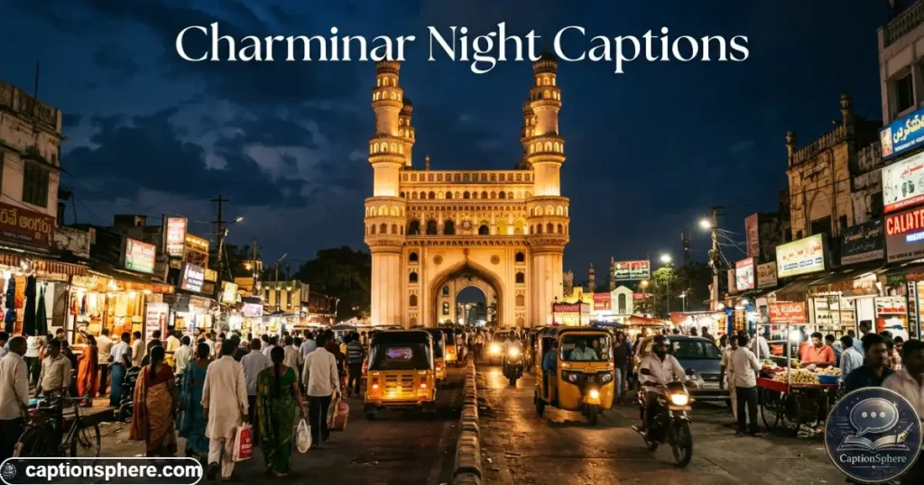 Illuminated Charminar glowing above busy Hyderabad streets after sunset