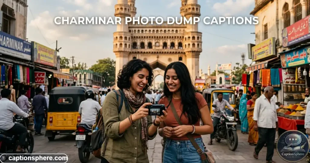 Travelers reviewing photos near Charminar with the landmark visible behind them