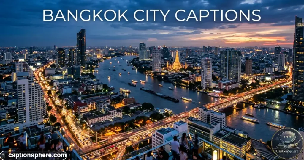 Bangkok skyline and busy riverside streets glowing at dusk