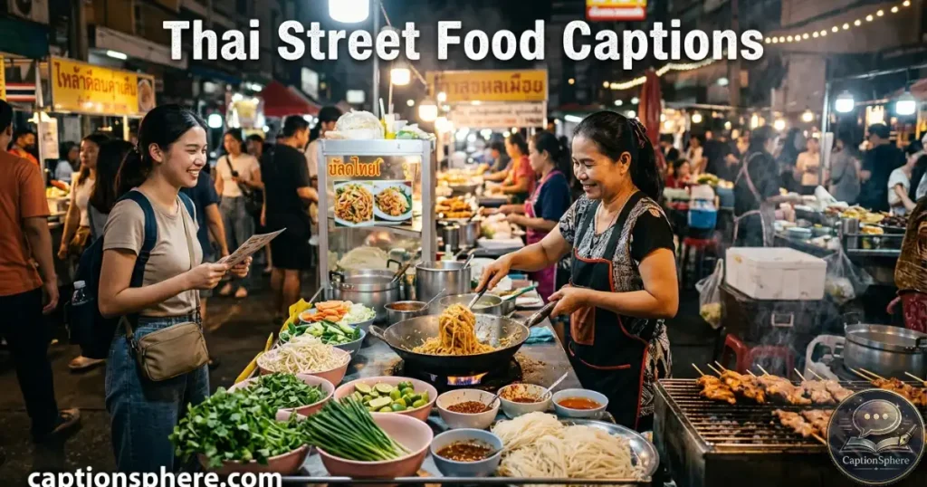 Colorful Thai street food stall serving noodles and grilled dishes at night