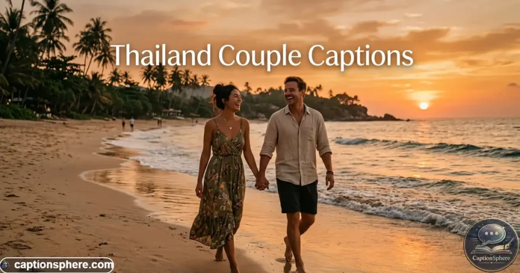 Couple walking together along a tropical Thai beach at sunset