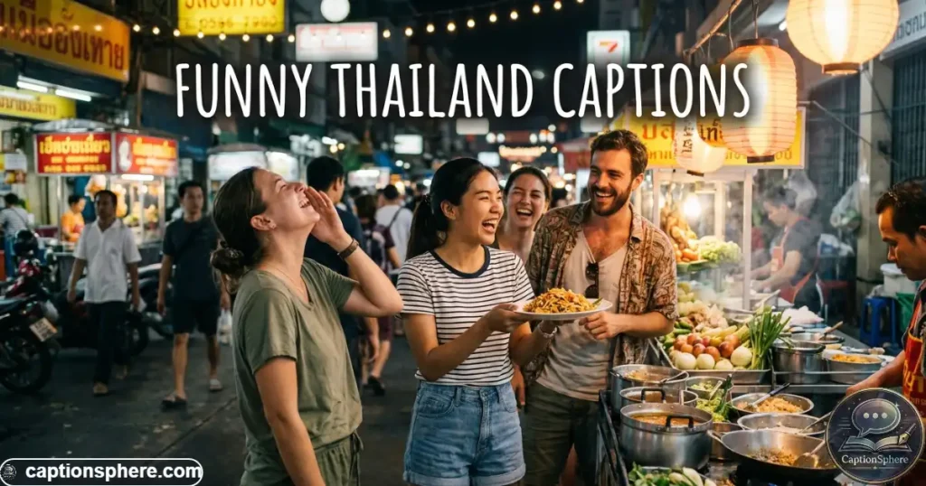 Friends laughing beside a Thai food stall during a lively evening