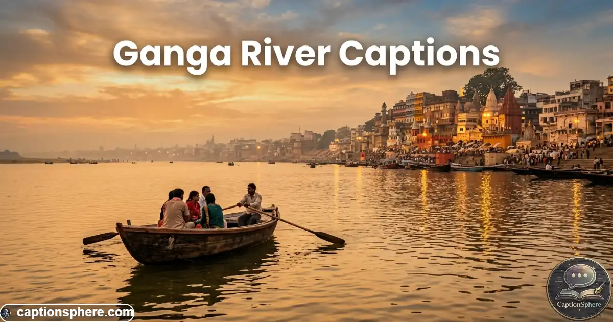 Wide Ganga River view with boats, ghats, and warm evening light